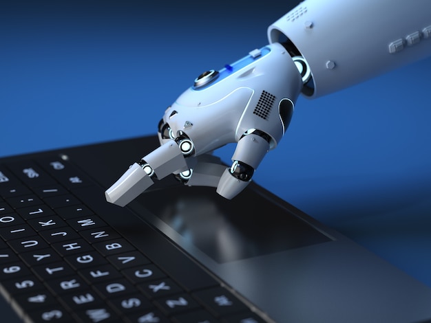 3d rendering robot hand working with computer keyboard