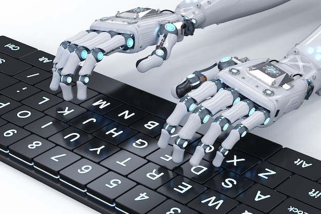 3d rendering robot hand working with computer keyboard