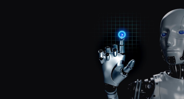 3d rendering smart humanoid robot touching finger on glowing virtual digital button on network screen on dark background with copy space AI learning artificial intelligence technology concept