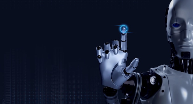3d rendering smart robot touching finger with glowing on virtual digital button on empty screen on dark blue background with copy space ai deep learning artificial intelligence technology concept