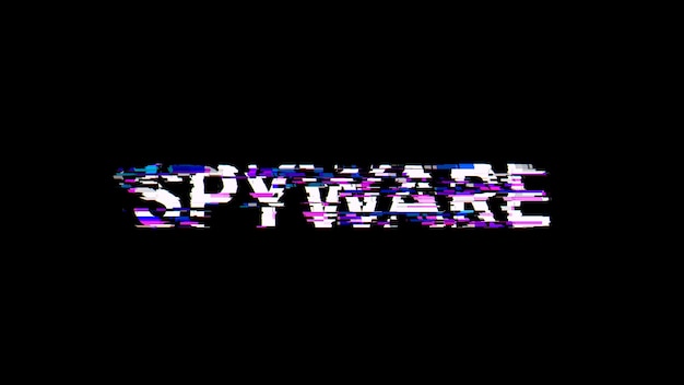 3D rendering spyware text with screen effects of technological glitches