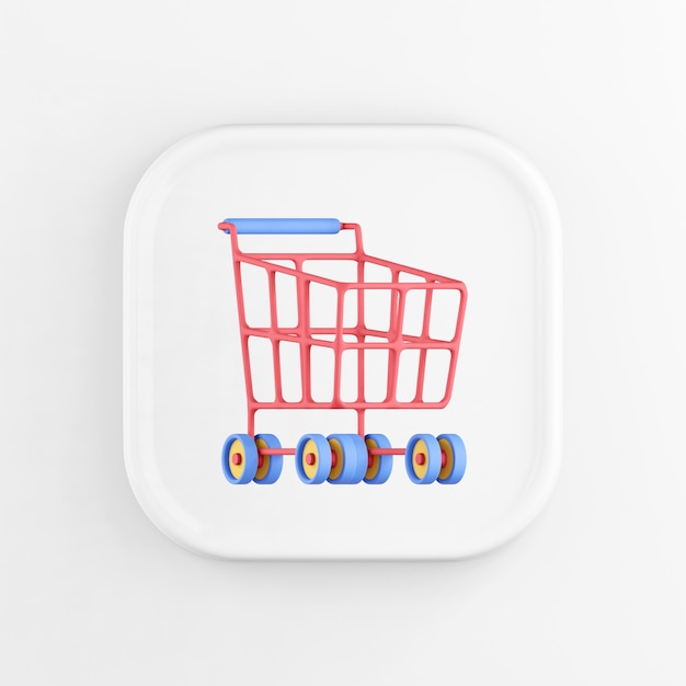 3d rendering square white button icon, red shopping cart on wheels, isolated on white background.