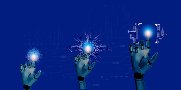 3d robotic render hand with circuit diagram on blue copy space