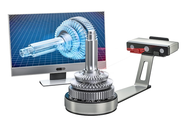 3d scanner scanning of object with computer monitor 3d rendering