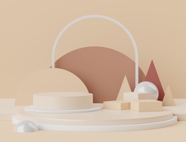 3d scene of displays podium for mock up and products presentation with minimal earth tone backgroud