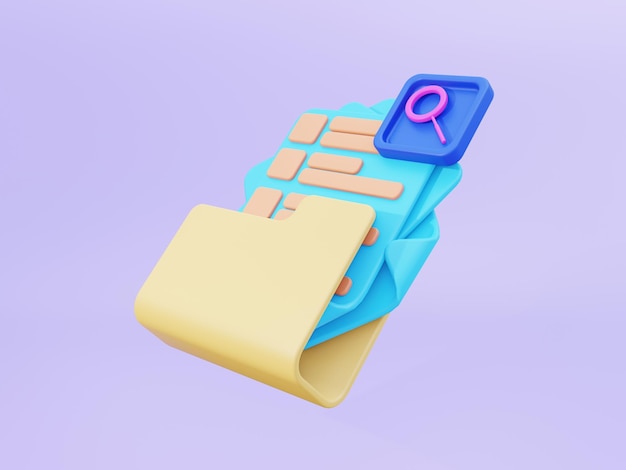 3D søgeopgave på mappen grafik til illustration eller ikon i blå, gul og lilla farve