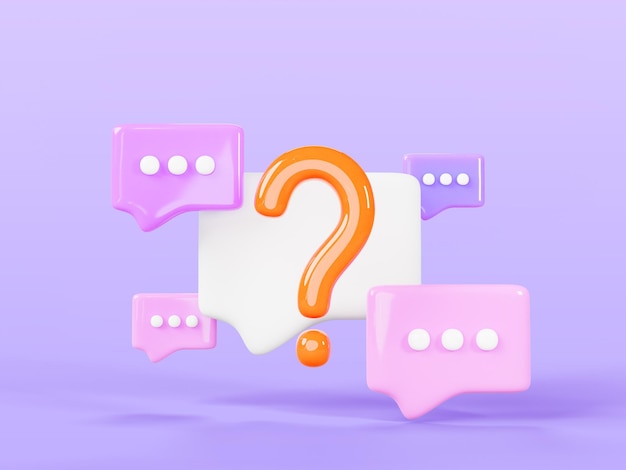 3d speech bubbles with question mark render Chat message icons signs of faq dialog with support Talk boxes square shapes for dialog conversation comments on purple background