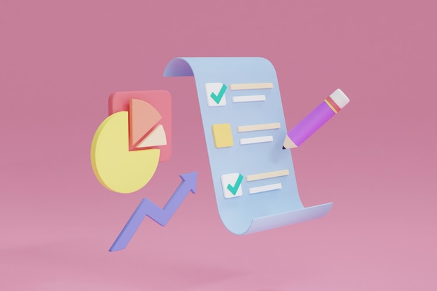 3D urklipp och penna på rosa bakgrund grafer och diagram anteckningsblock ikon 3d render illustration