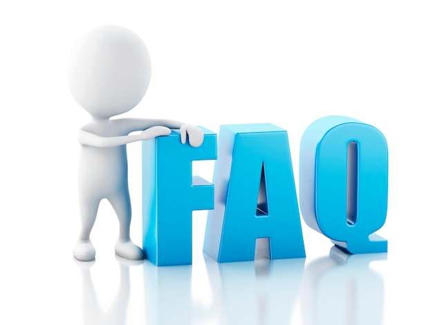 3d white person standing next to faq on white background