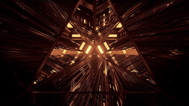 4k UHD 3d illustration with glass dark tunnel in shape of triangle reflecting neon light in sepia
