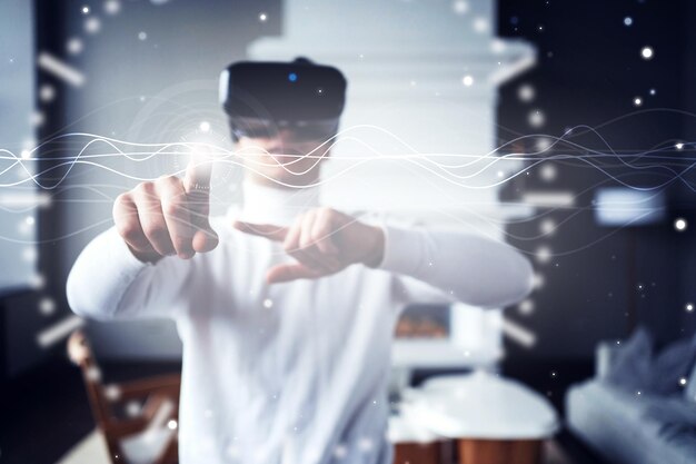 5G data transmission modern digital technology is available 3d glasses of black color on the face