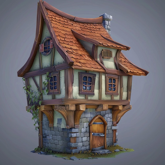 a 3d model of a game house with a red roof and a brick chimney