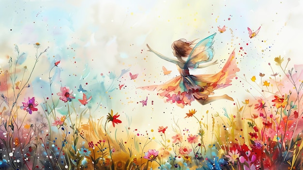 A beautiful watercolor painting of a fairy flying through a field of flowers The fairy is wearing a pink dress and has long flowing hair