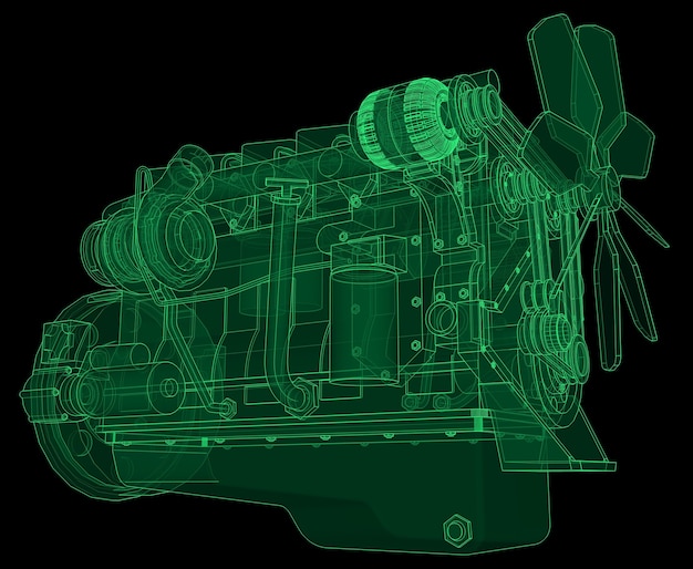 A big diesel engine with the truck depicted in the contour lines on graph paper. The contours of the green line on the black background.