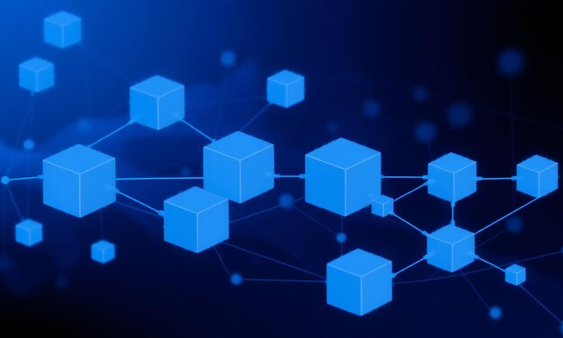 a blockchain system with blocks and nodes connected in a chain showing a secure