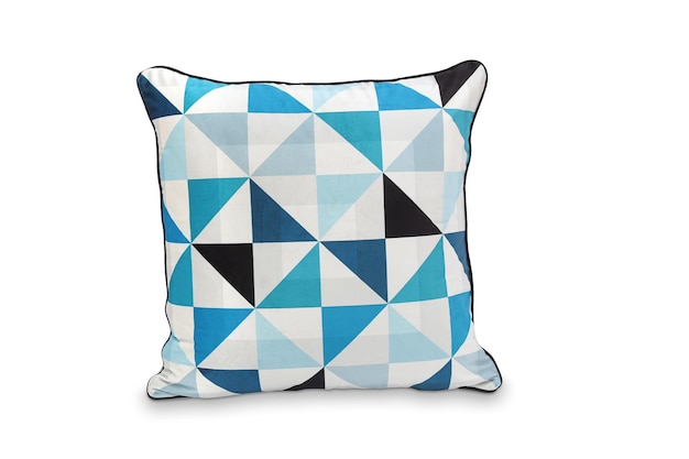 A blue and white cushion with black triangles on it.