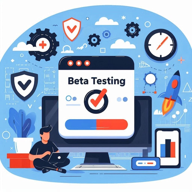 a blue background with a man sitting in front of a computer with a label that says ttest test test