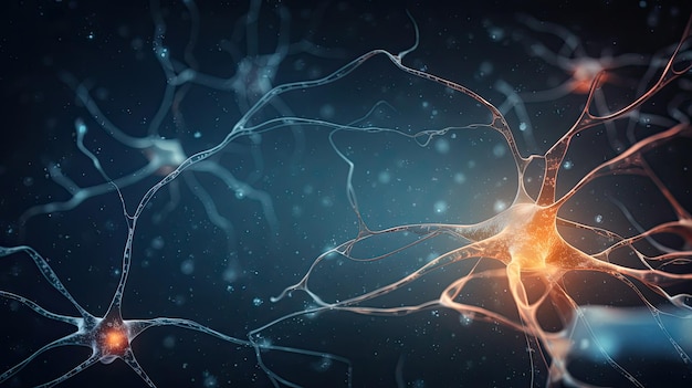 A blue background with a picture of a neuron and a brain.
