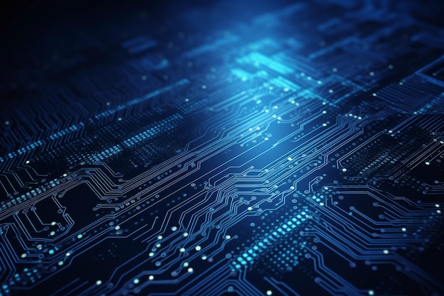 A blue circuit board technology background with copy space