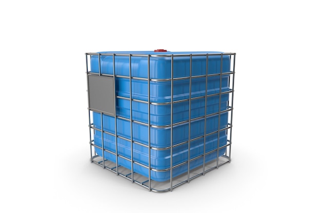 A blue container with a red button on it.