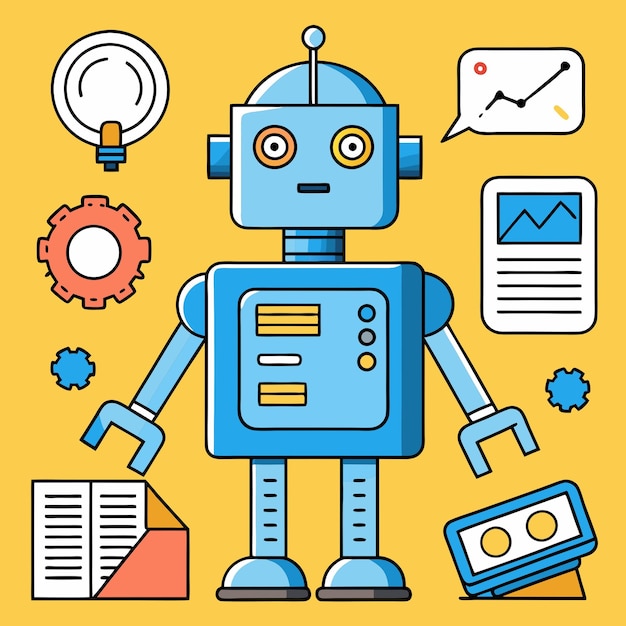 A blue robot with yellow eyes and a lightbulb above its head
