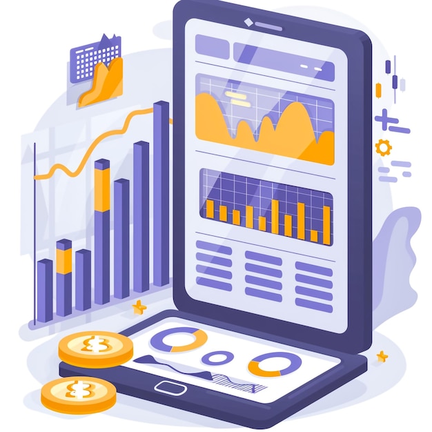 a blue tablet with a graph on it and a graph on it