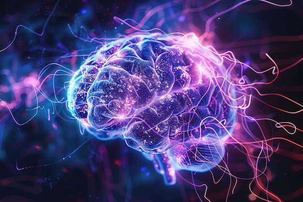 a brain with glowing lines