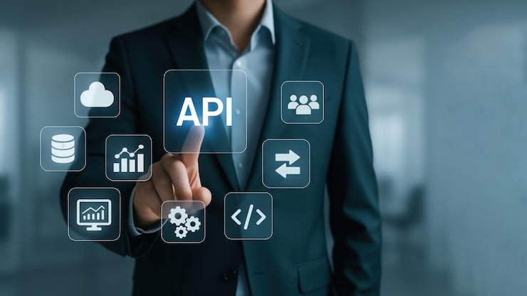 Bild a businessman interacts with a floating holographic display of api icons highlighting application programming interface api api programming