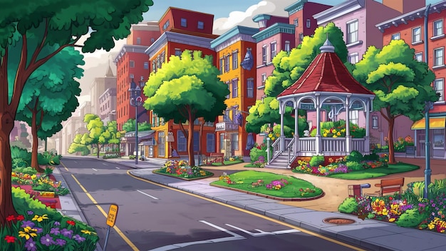 A bustling city street focusing on a small neighborhood park Street view of old village