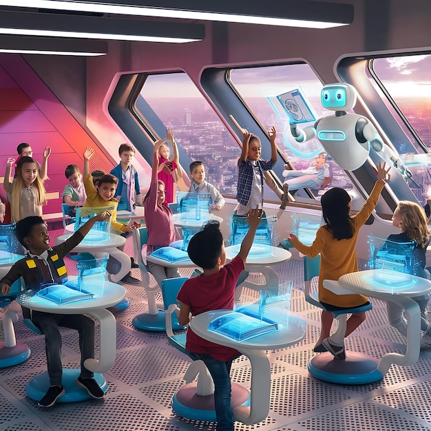 a captivating scene of kids in a futuristic school classroom with sleek modern design and advanced