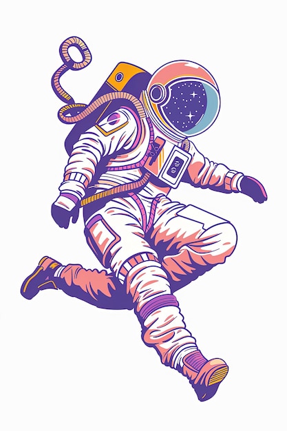 A cartoon astronaut is jumping in the air
