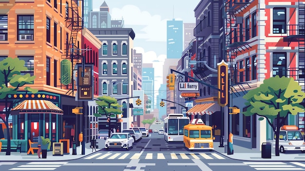 A cartoon illustration of a city street with tall buildings and shops