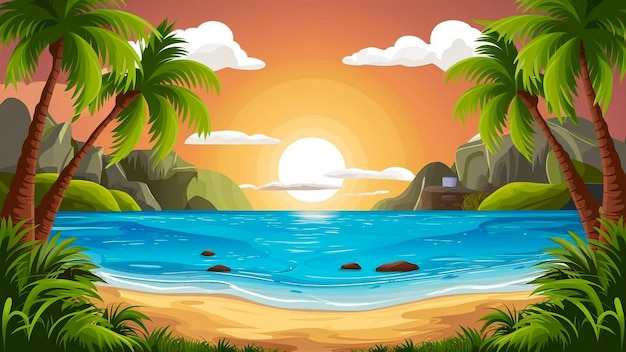 a cartoon illustration of a tropical island with palm trees and a sunset