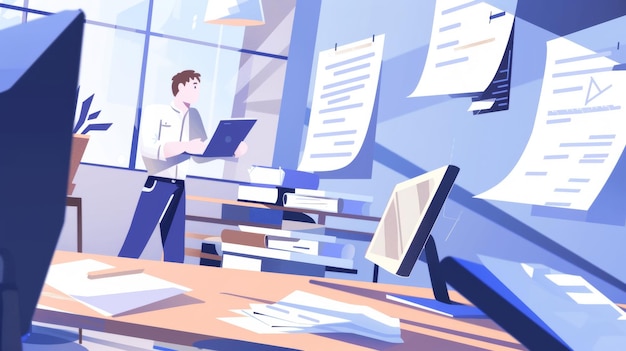 a cartoon of a man working in an office with papers on the wall