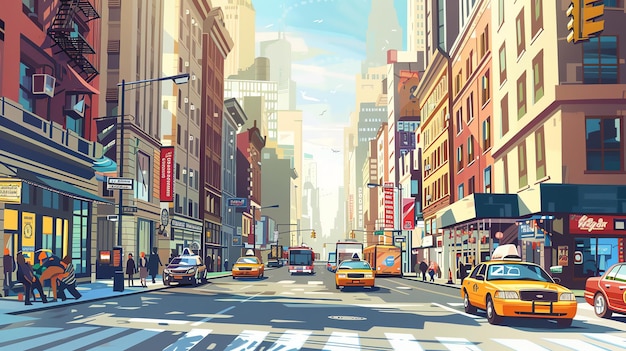 A cartoonstyle illustration of a city street with tall buildings and yellow cabs