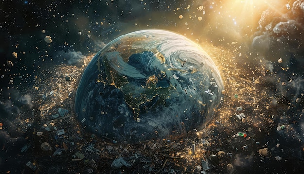 a chilling scene of earth being bombarded with trash from space covering continents with waste