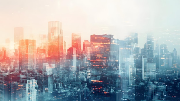 a cityscape with a red cityscape in the background