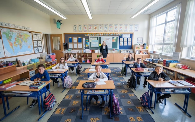 a classroom with students sitting at a desk with the number 13 on the back of it