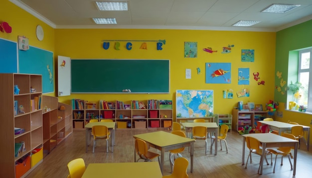 a classroom with yellow walls and a school board with the word school on it