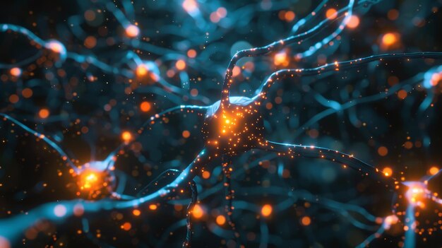 A close up of a brain with many neurons The neurons are glowing in the dark blue background