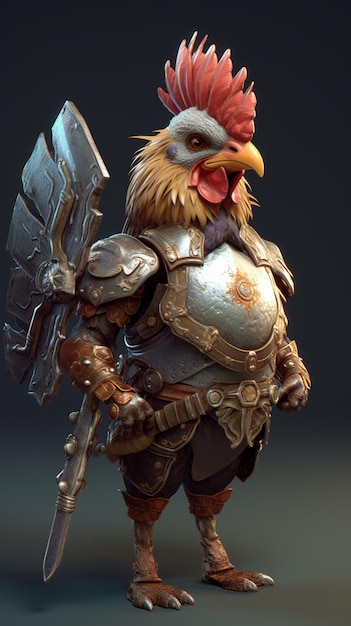 a close up of a chicken with a large sword and armor generative ai