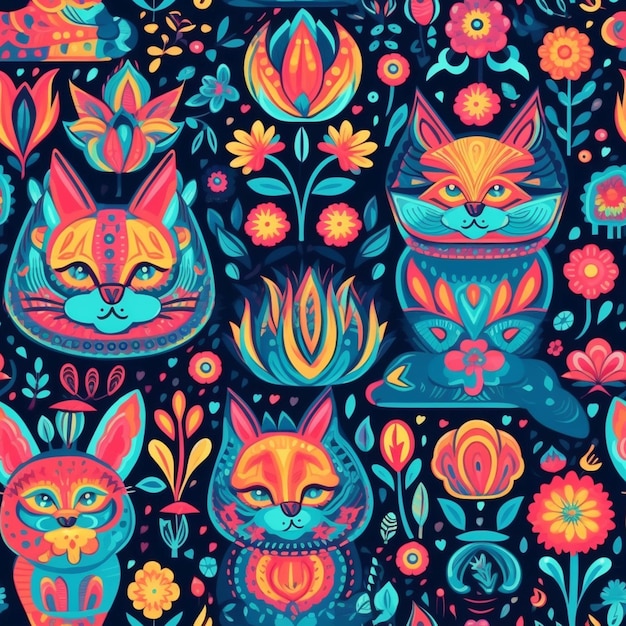 A close up of a colorful cat pattern on a black background generative ai