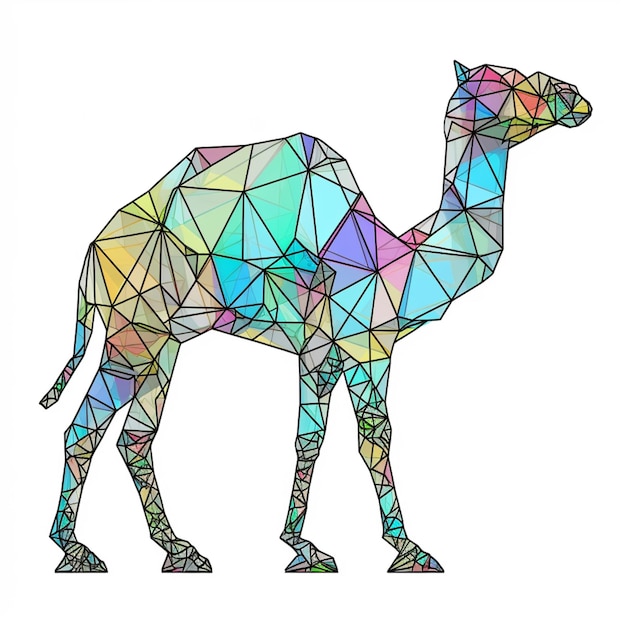 a close up of a colorful geometric camel on a white background generative ai