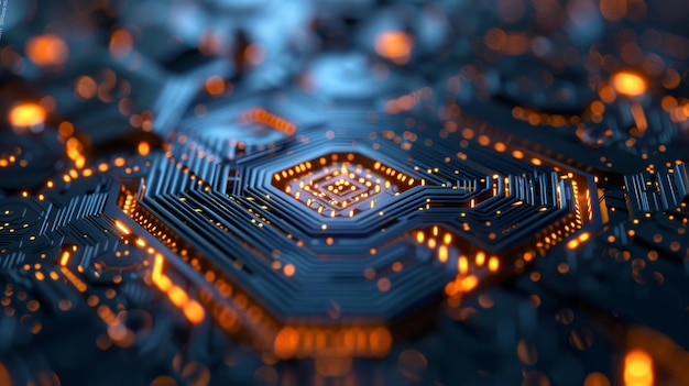A close up of a computer chip with a blue background The chip is orange and has a lot of small light
