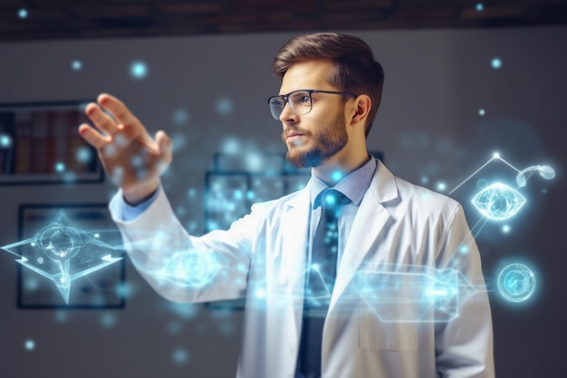 a close up of a man in a lab coat po