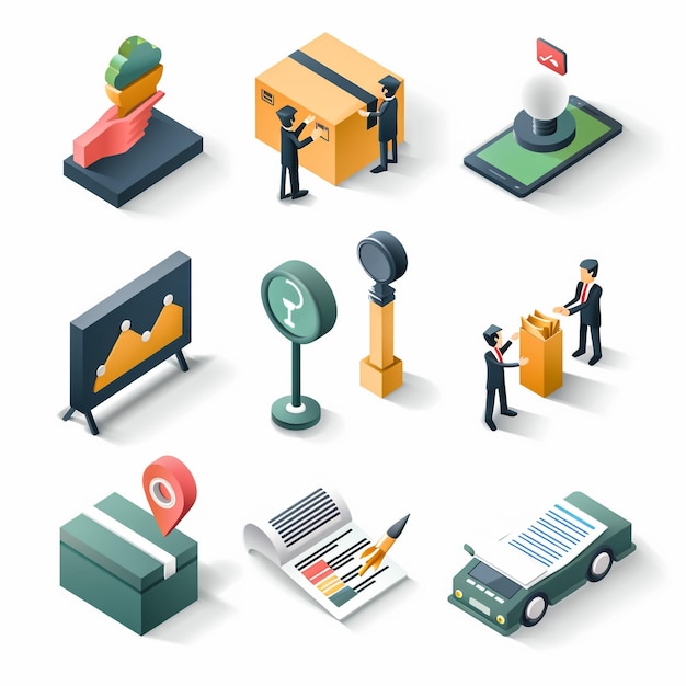 a collection of business icons including a desk and a box with a key