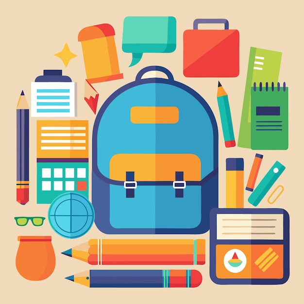 a collection of different things including a blue backpack notebook and other things