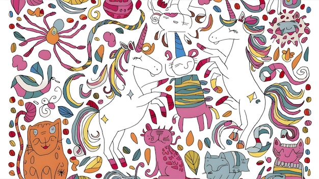 A colorful and delightful illustration of many different unicorns cats and spider designs for childr
