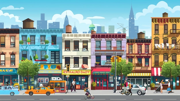 A colorful cartoon illustration of a city street with people walking cars driving and buildings lined up on either side