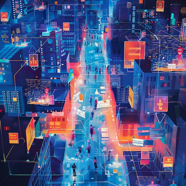 a colorful city with a blue and orange sign that says quot do not enter quot